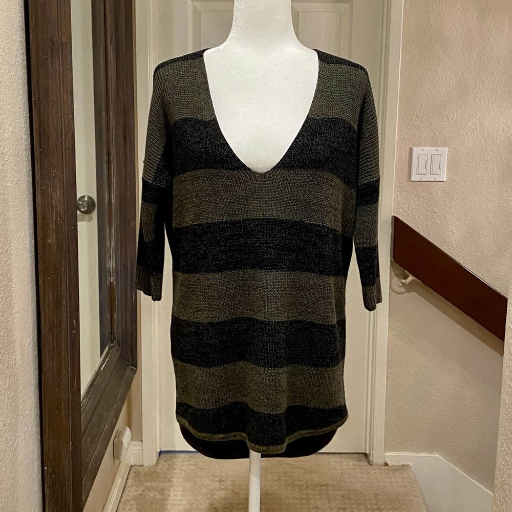 Express Black and Olive Striped V-Neck Sweater
